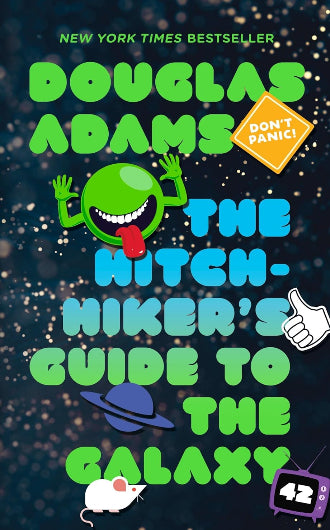 The Hitchhikers Guide to the Galaxy by Douglas Adams, book cover, science ficction, space opera